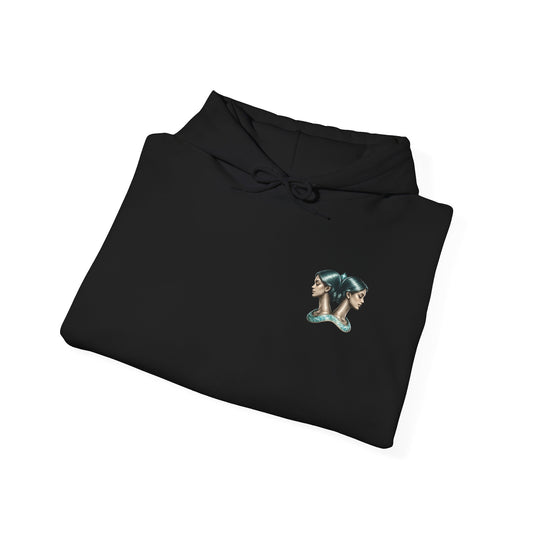 Elizabeth Lopes Muse black Gemini Zodiac hoodie with twins crystal artwork, folded product view